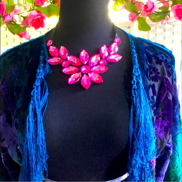 Pink Rhinestone Floral Statement Necklace Flower Crystal Bib - Picture 2 of 8